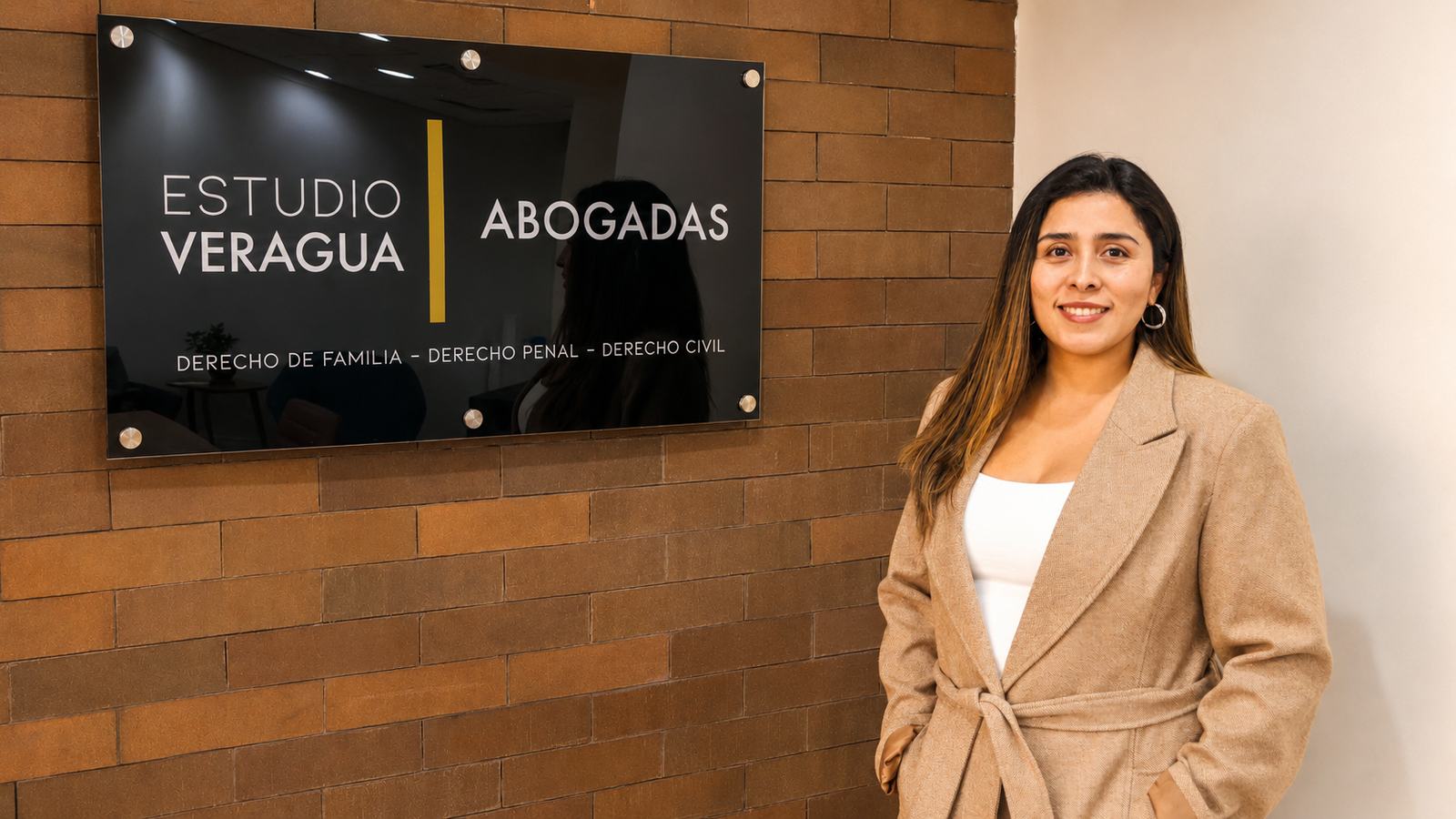 Gaby Veragua Sepúlveda, abogada directora de Estudio Veragua, junto a la placa del estudio en Viña del Mar